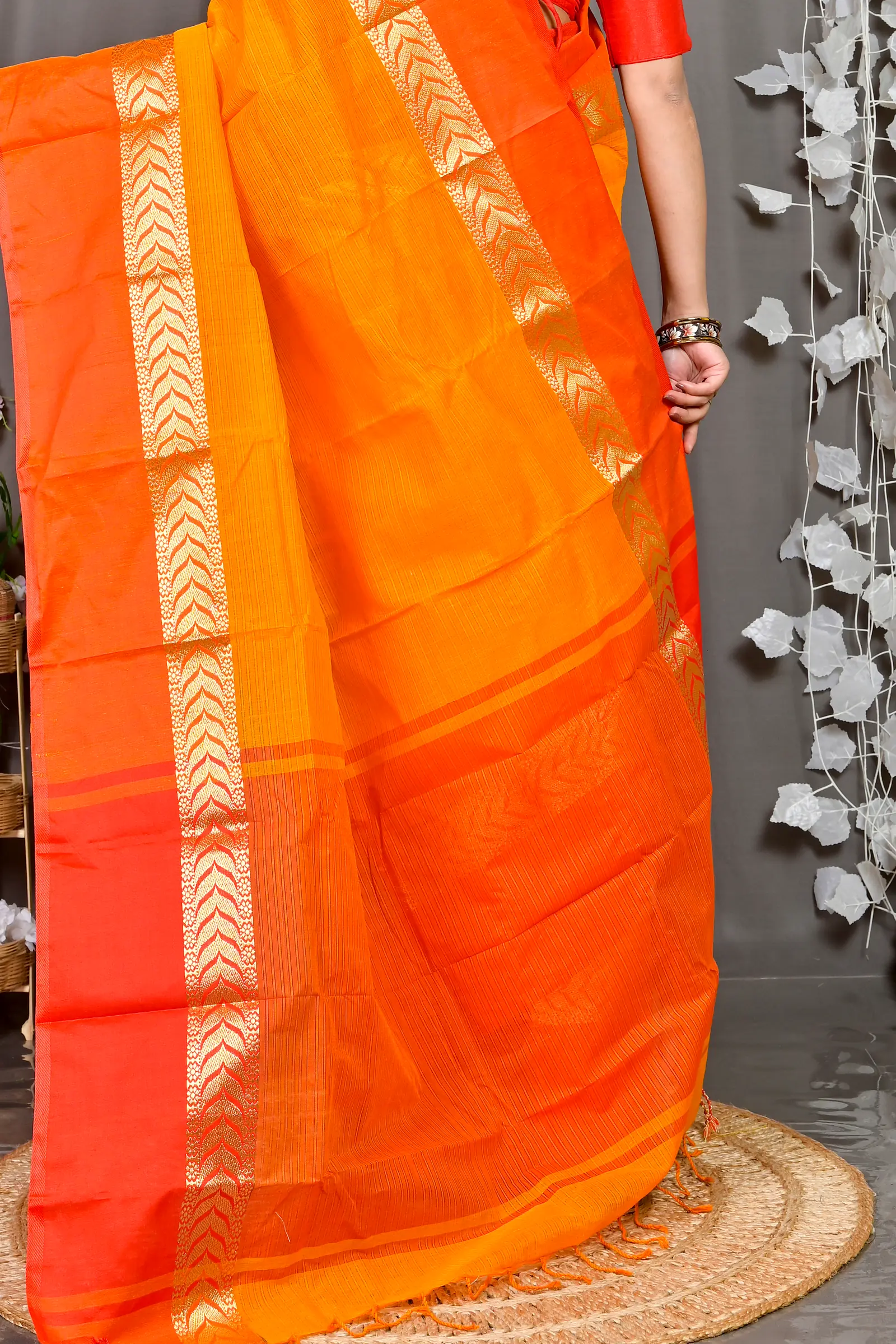 Orange Red Pure Cotton Parvin Tant Saree (576)